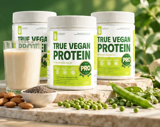 Ba hộp TRUE VEGAN PROTEIN PRO cạnh ly đạm, hạnh nhân, hạt chia và đậu Hà Lan