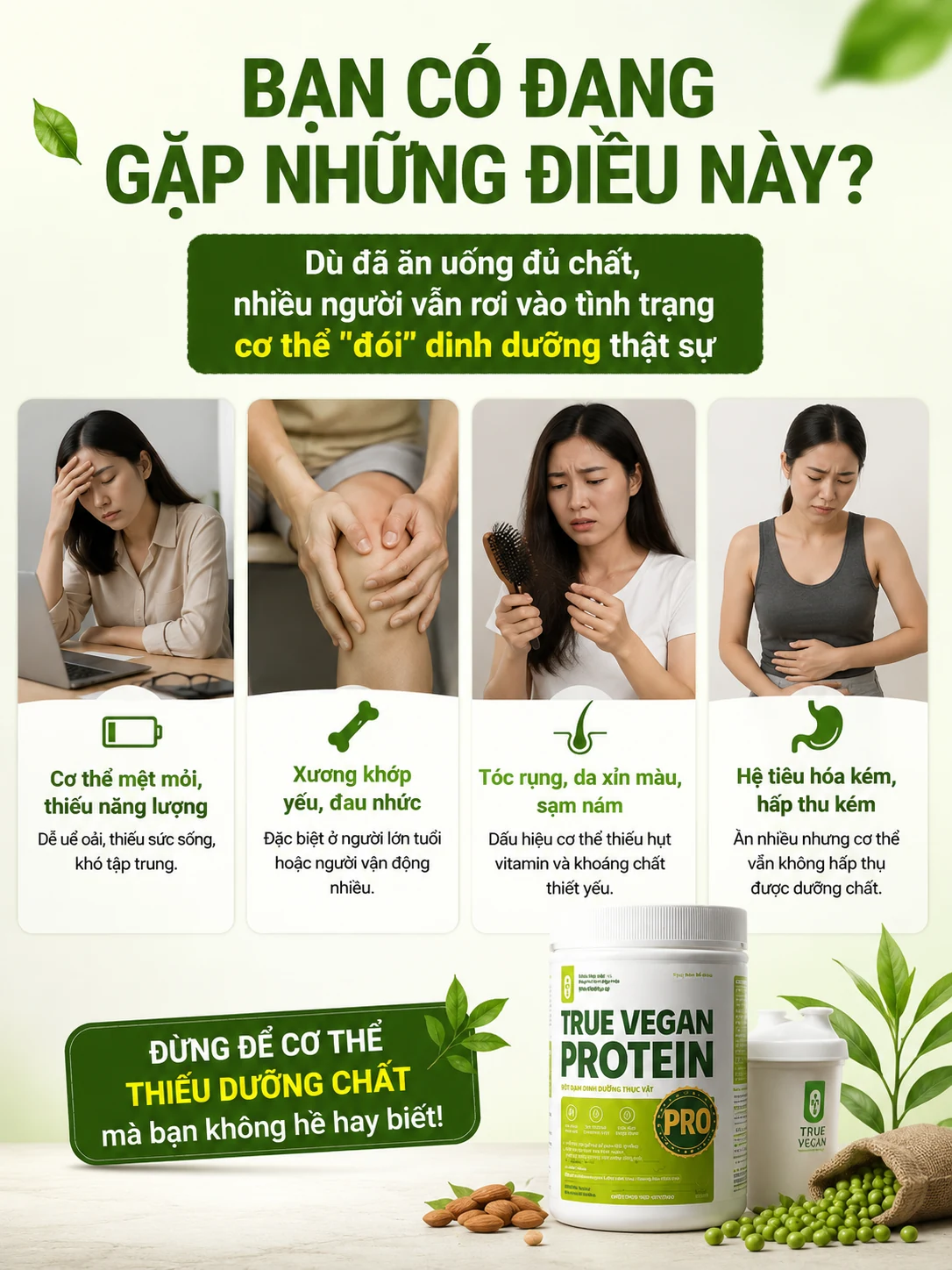 Bạn có đang gặp những điều này? Mệt mỏi thiếu sức sống · Tiêu hóa kém đầy hơi · Xương khớp đề kháng yếu · Ăn chay kiêng thiếu đạm
