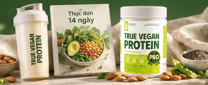 Bình lắc, ebook Thực đơn 14 ngày và hộp TRUE VEGAN PROTEIN